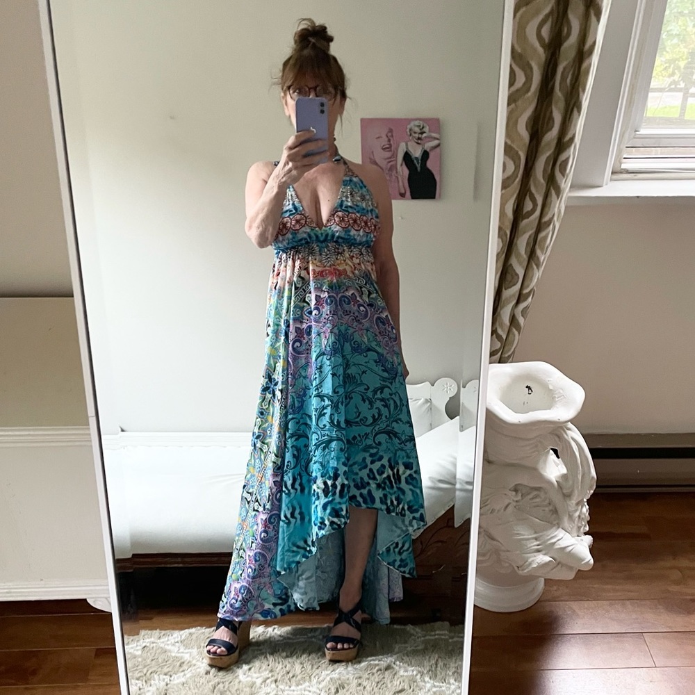 MADE IN INDIA TEAL BLUE PURPLE HALTER DRESS HIGH LOW TIES LOW BACK